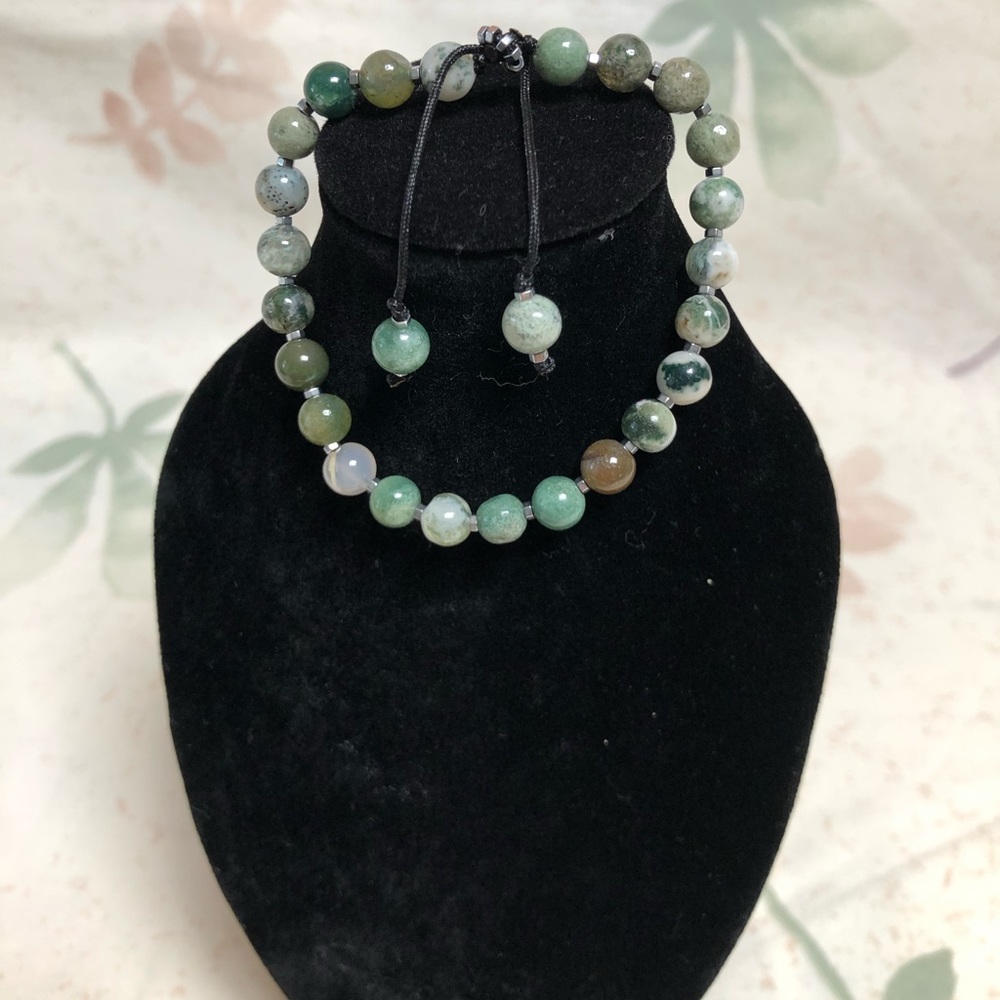 Hand Made Adjustable Bracelet with Precious Green Jasper & Hematite